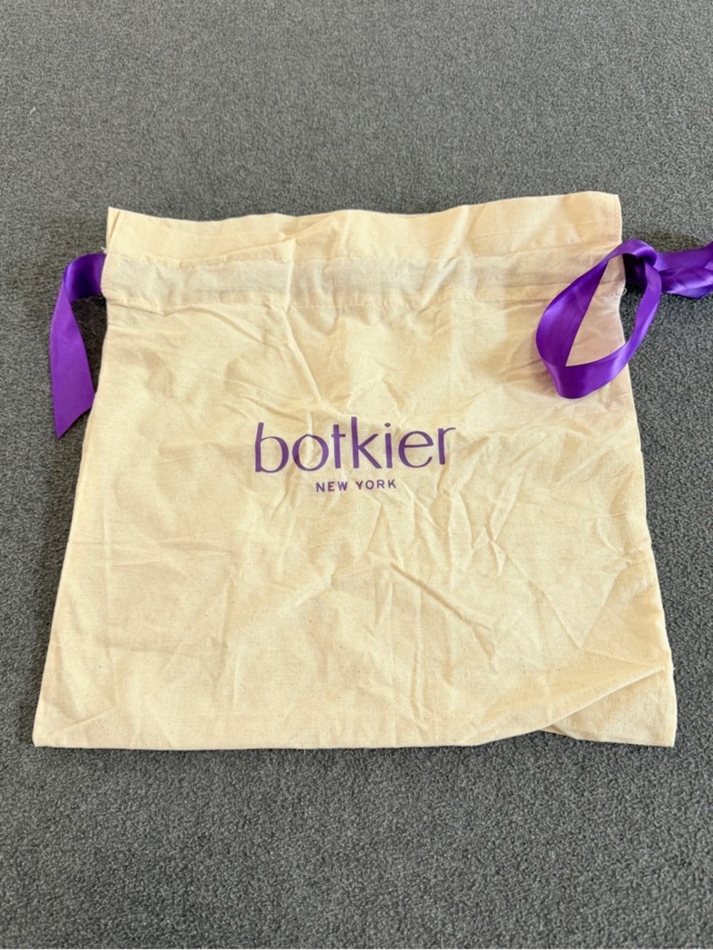Botkier Cream Canvas Dust Bag with Purple Logo and Ribbon